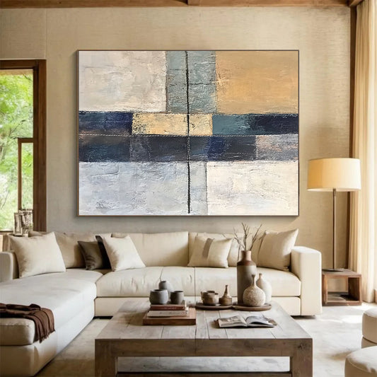 Handmade Art Beige, Gray, and Blue Abstract Geometric Painting For Sale HS153