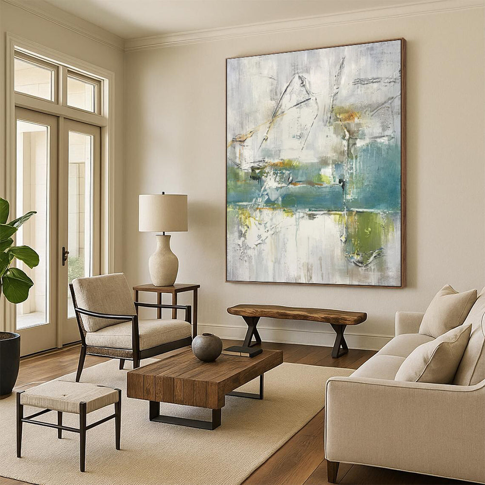 Large Painting In Living Room Gray, Blue, and Green Textured Abstract Art HS609