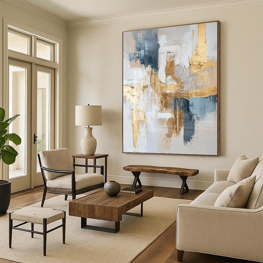 Large Contemporary Wall Art Gold, Blue, and White Textured Abstract Art HS739