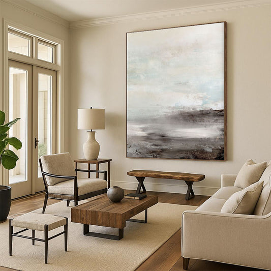 Hand-Painted Gray & Beige Textured Landscape, Large Contemporary Wall Art HS238