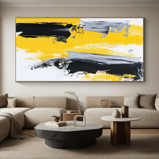 Large Size Yellow, Black, and Gray Abstract Expressive Painting For Sale HS134