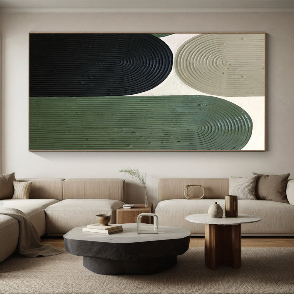 Hand-Painted Green, Black, and Beige Abstract Curved Shape Textured Painting For Sale HS030