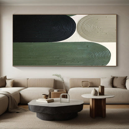 Hand-Painted Green, Black, and Beige Abstract Curved Shape Textured Painting For Sale HS030