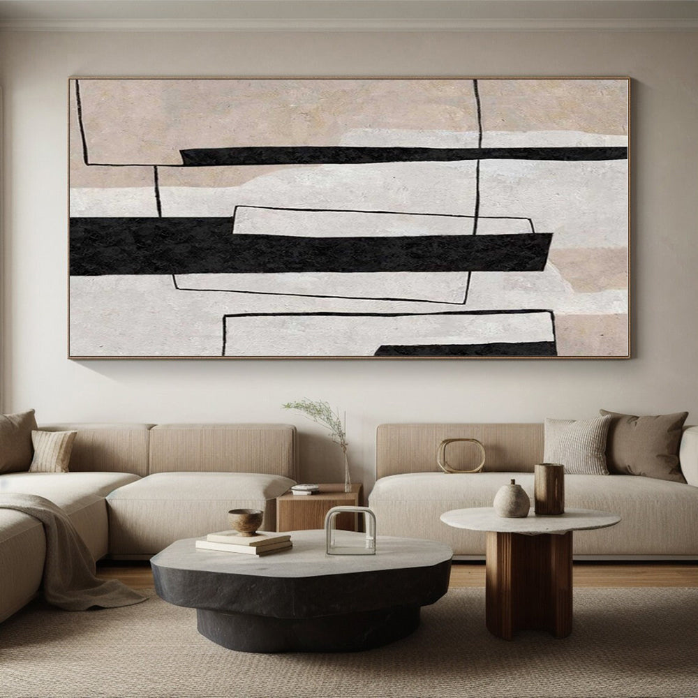 Modern Art Acrylic Black, Beige, and White Geometric Abstract Art HS680
