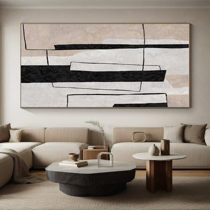 Modern Art Acrylic Black, Beige, and White Geometric Abstract Art HS680