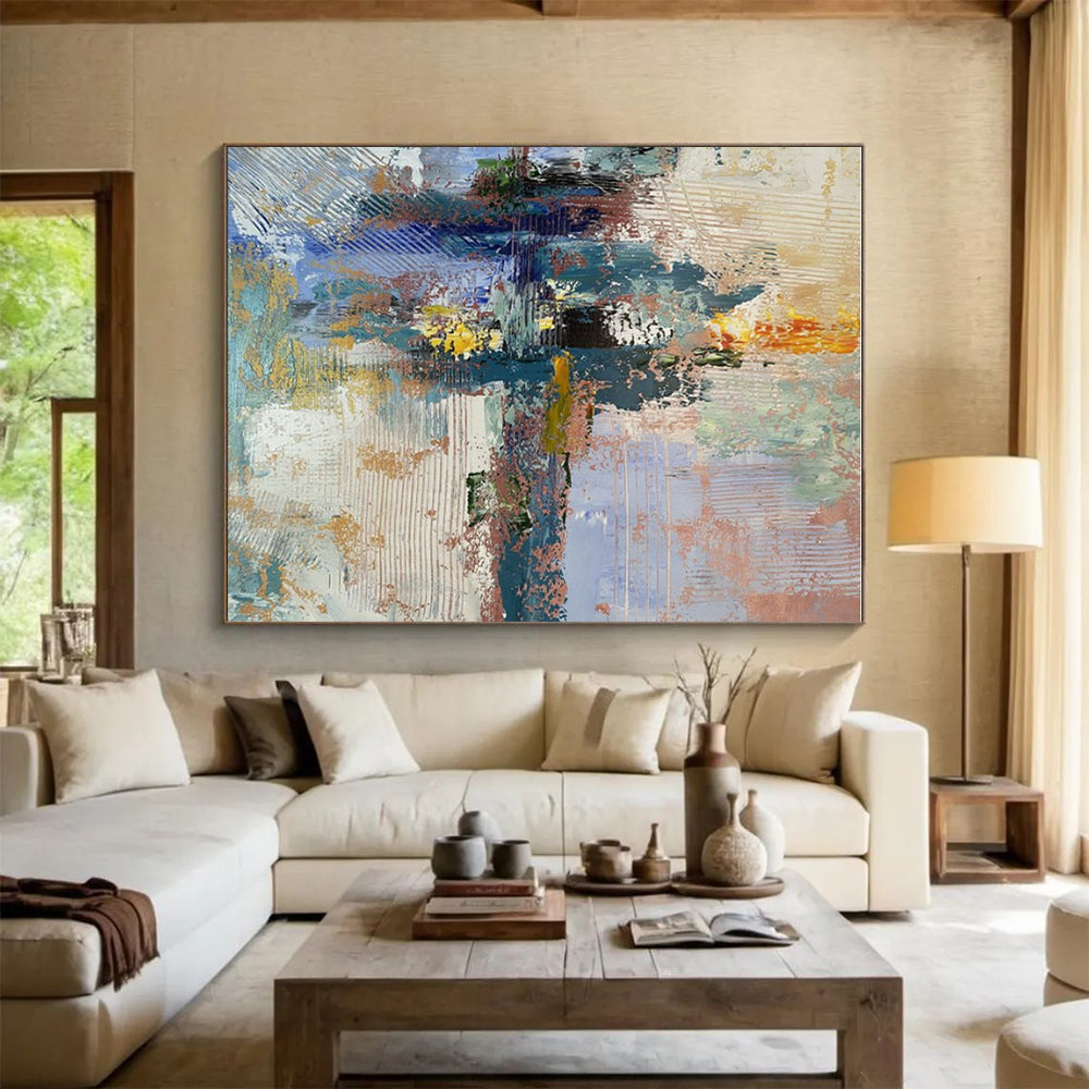 Acrylic Modern Art Paintings Blue, Gold, and Pink Textured Abstract Painting On Canvas HS772