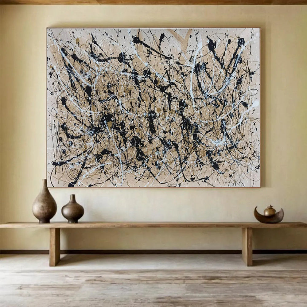Acrylic Modern Art Paintings: Black Beige and White Splatter Abstract Painting WB364