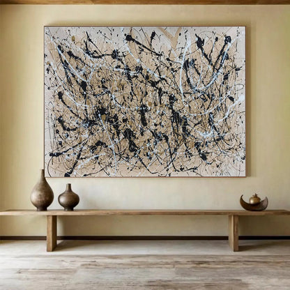 Acrylic Modern Art Paintings: Black Beige and White Splatter Abstract Painting WB364