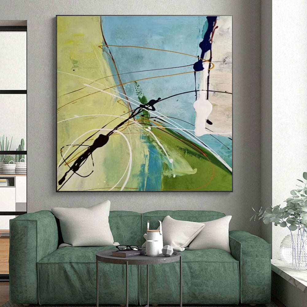 Handmade Art Green, Blue, and Black Dynamic Abstract Painting On Canvas HS797