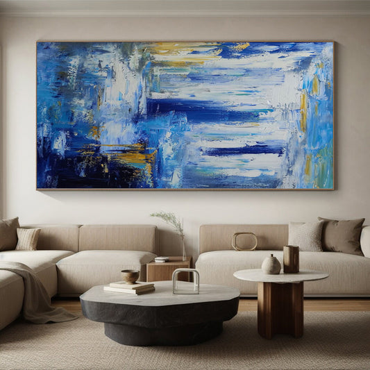 Hand-Painted Blue and Gold Abstract Waterfall Painting For Sale HS065