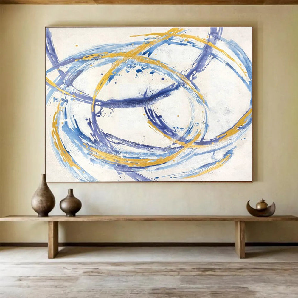 Extra Large Size Blue, Gold and White Abstract Geometric Painting WB148