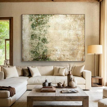 Hand Painted Art Beige and Green Abstract Textured Landscape Painting For Sale HS073