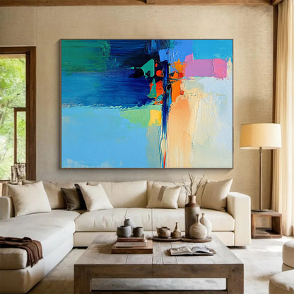 Hand-Painted Multicolor Abstract Seaside Painting For Sale HS122