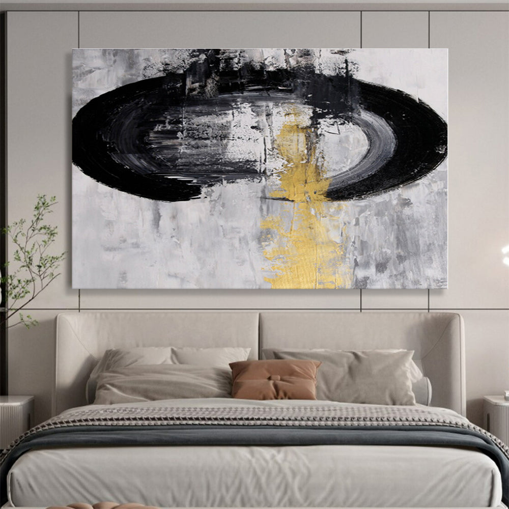Black, White, Gold Abstract Circular Acrylic Painting WB013