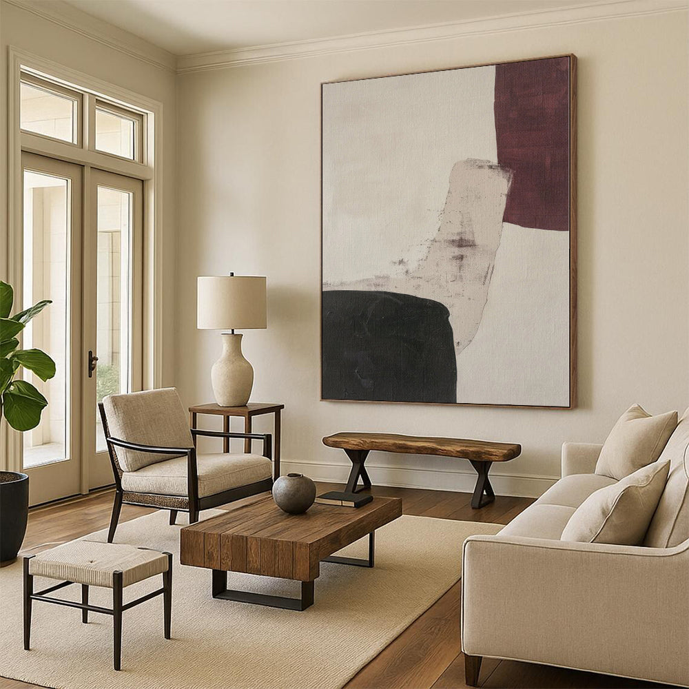 Hand-Painted Black, Beige, and Maroon Abstract Shape Painting For Sale HS025