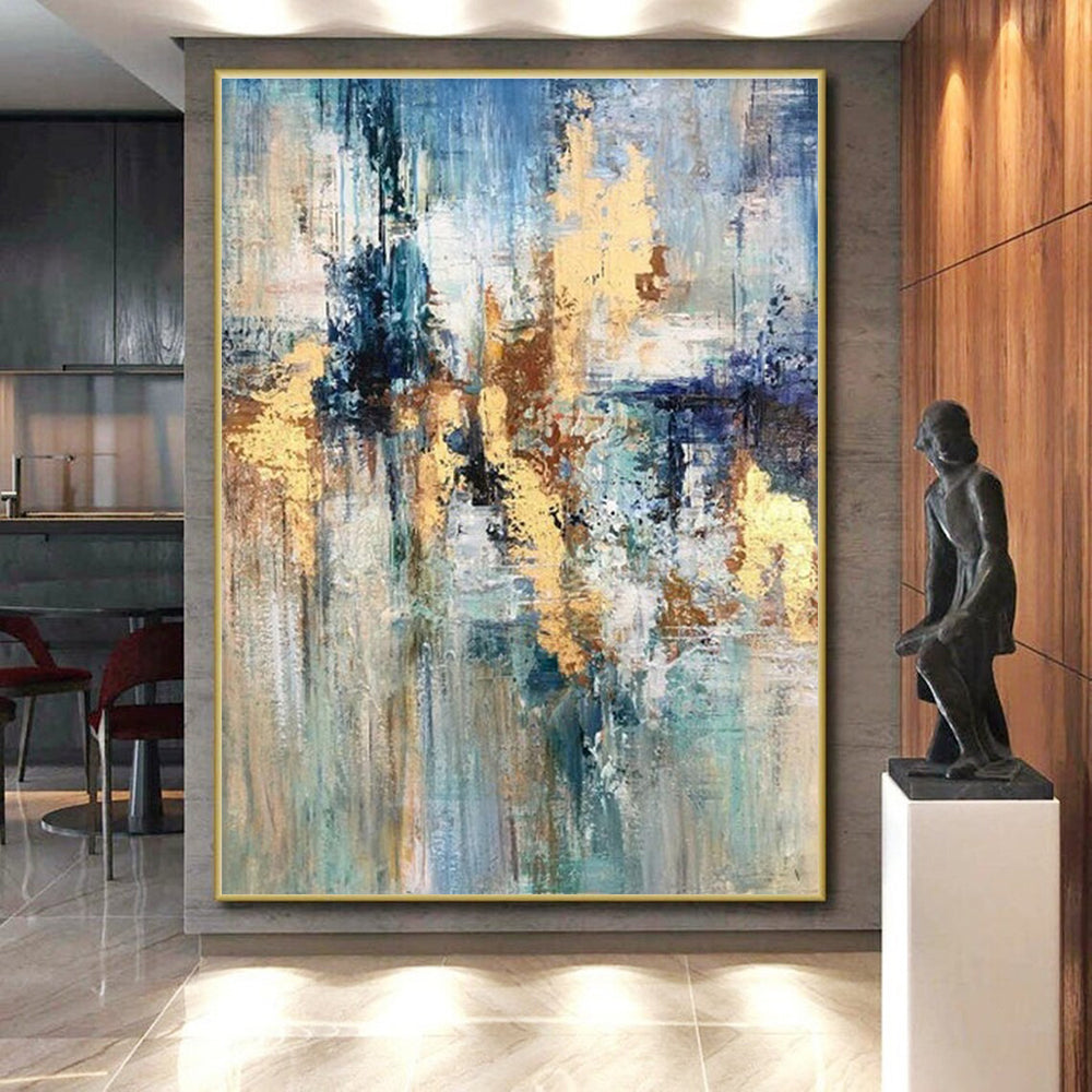 Hand Painted Art Blue & Gold Textured Abstract, Acrylic Modern Art Paintings HS440