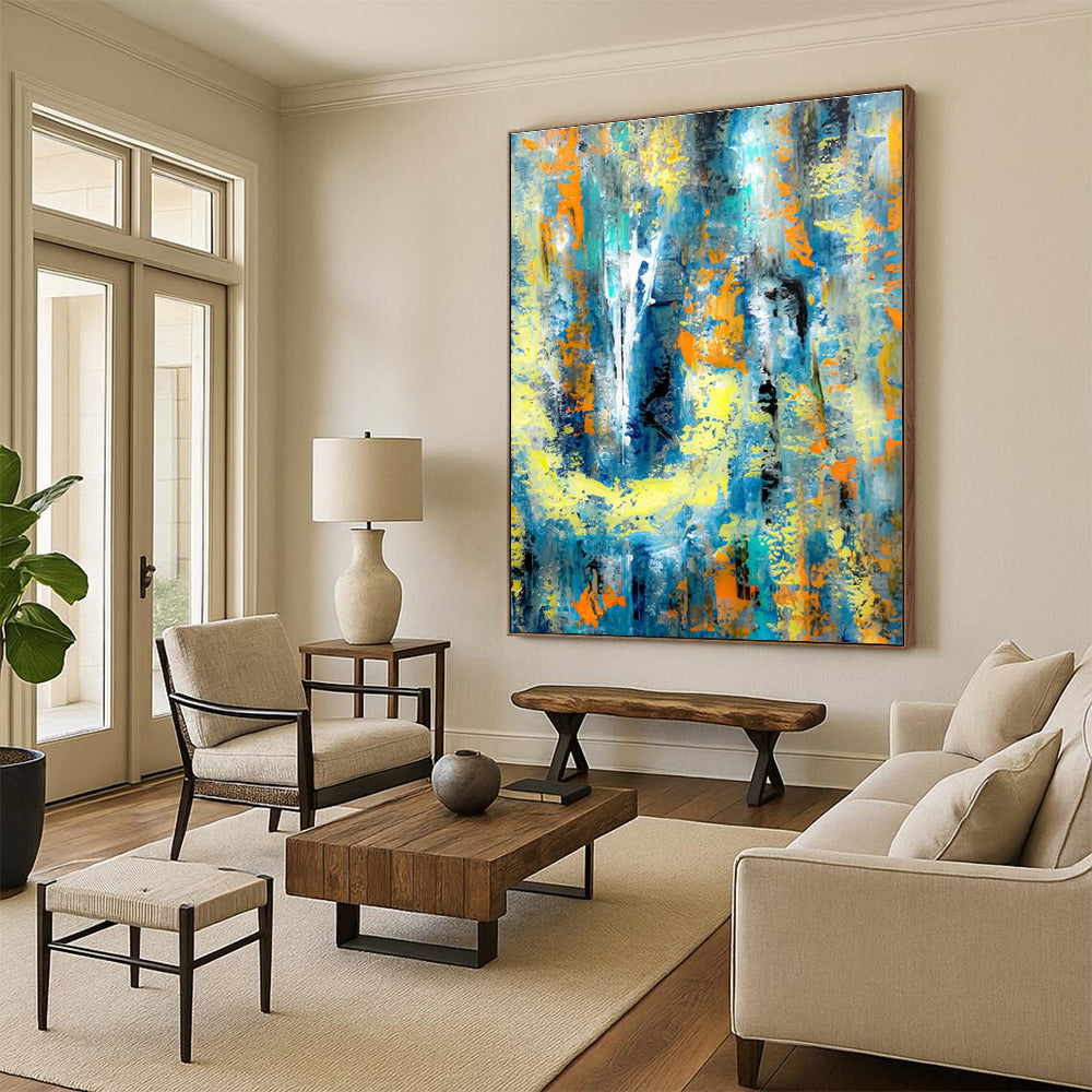 Cool Abstract Paintings Blue, Yellow, and Orange Dynamic Abstract Art HS729