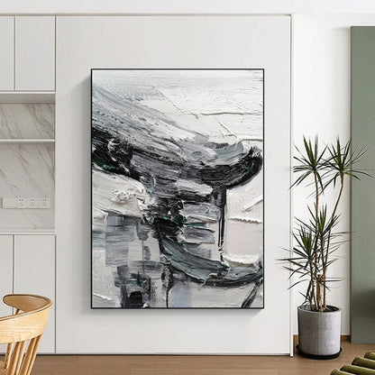 Hand-Painted Black, White, and Gray Abstract Textured Urban Painting For Sale HS059