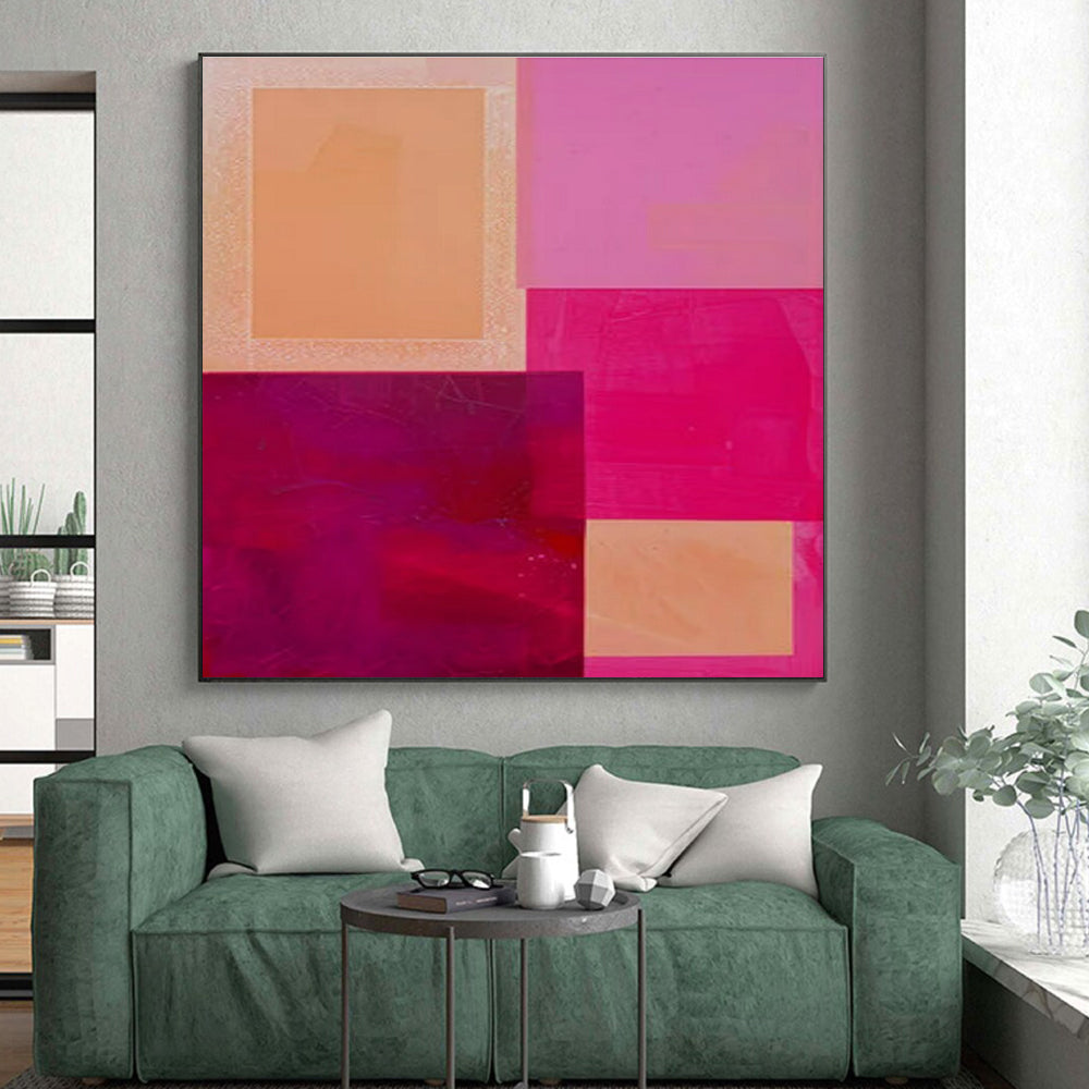 Hand Painted Art Pink, Orange, and Red Geometric Abstract Painting On Canvas HS788