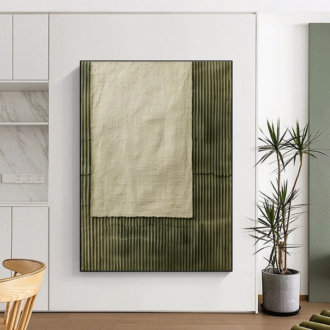 Hand Painted Art Green & Beige Textured Abstract, Acrylic Modern Art Paintings HS356