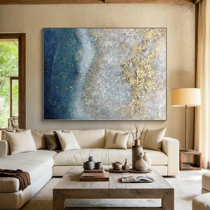 Hand-Painted Gray, Blue, and Gold Textured Abstract Painting For Sale HS005