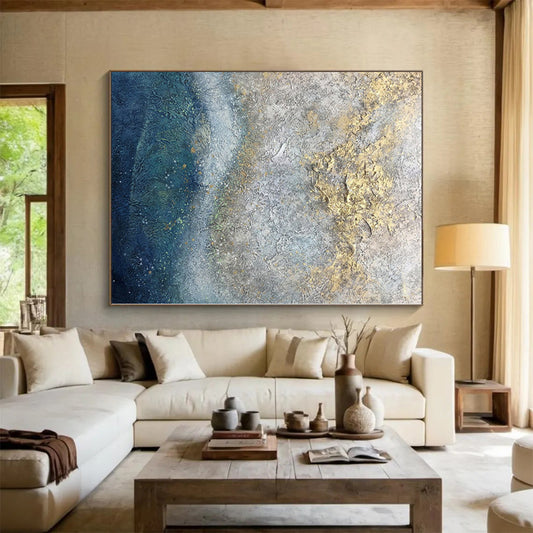 Hand-Painted Gray, Blue, and Gold Textured Abstract Painting For Sale HS005