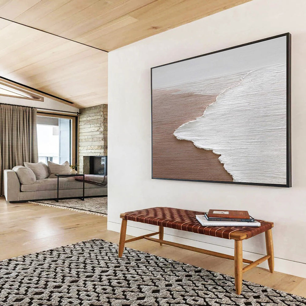 Horizontal Extra Large Size Brown and White Abstract Seaside Painting WB220