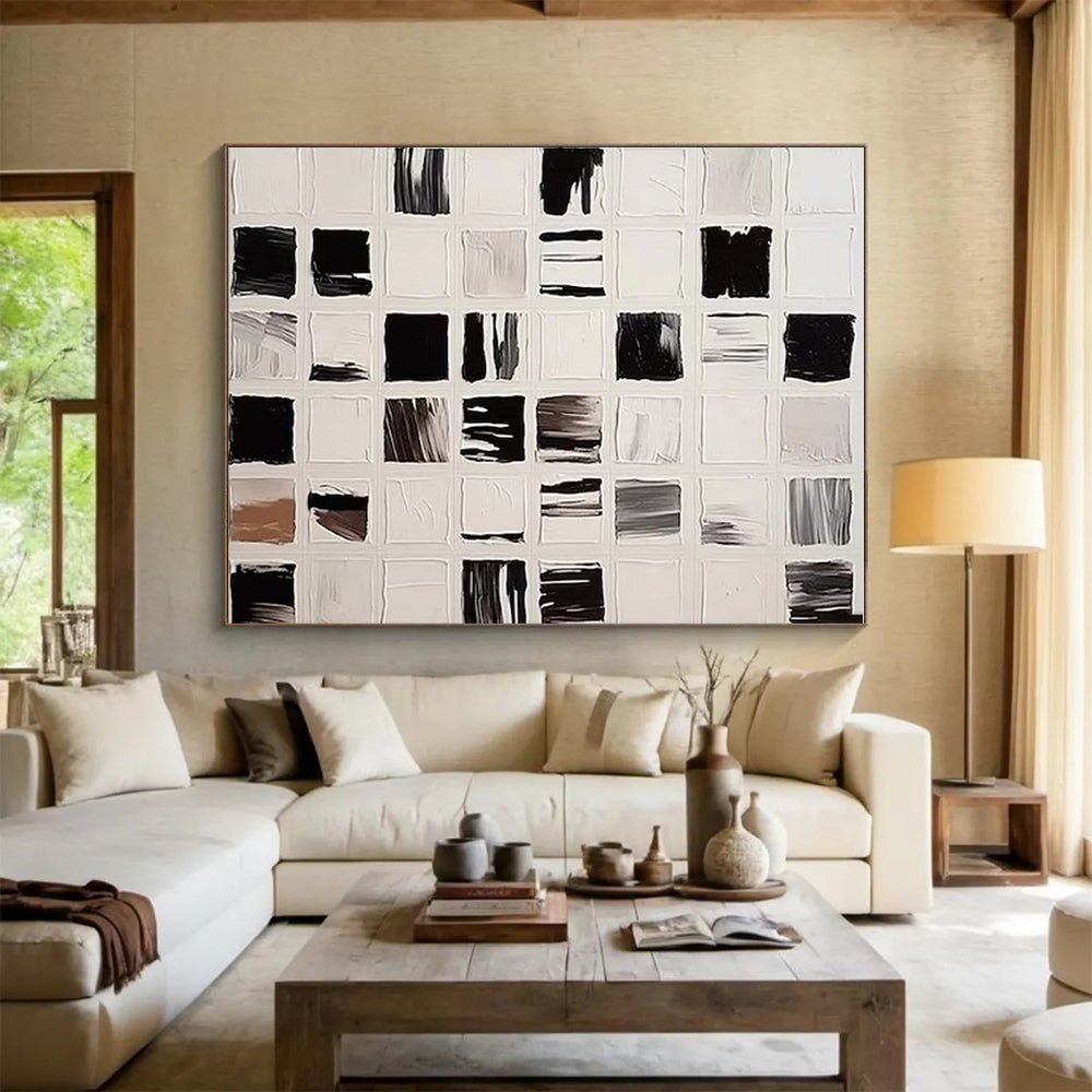 Large Size Black and White Grid Abstract Art, Cool Abstract Paintings HS555