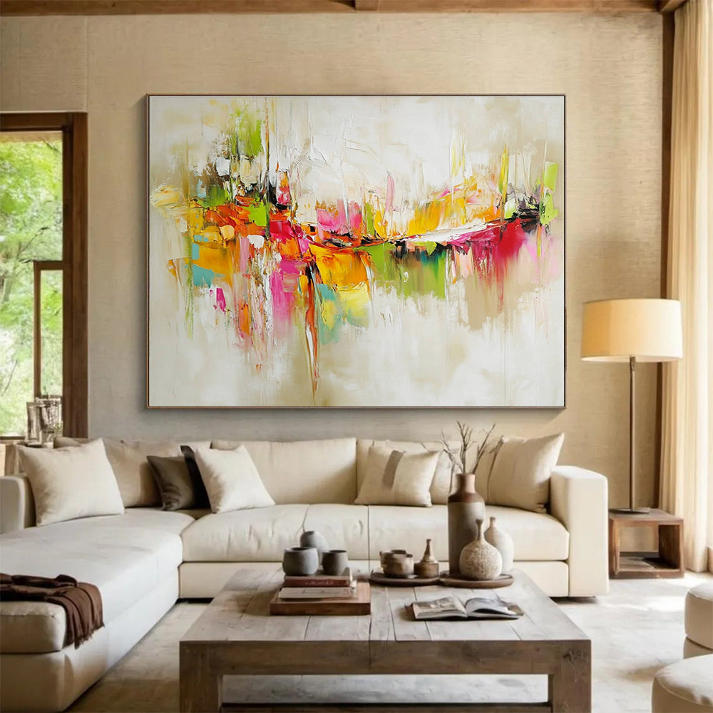 Huge Size Multicolored (Pink, Orange, Green, Yellow) Abstract Textured City - Acrylic Painting WB298