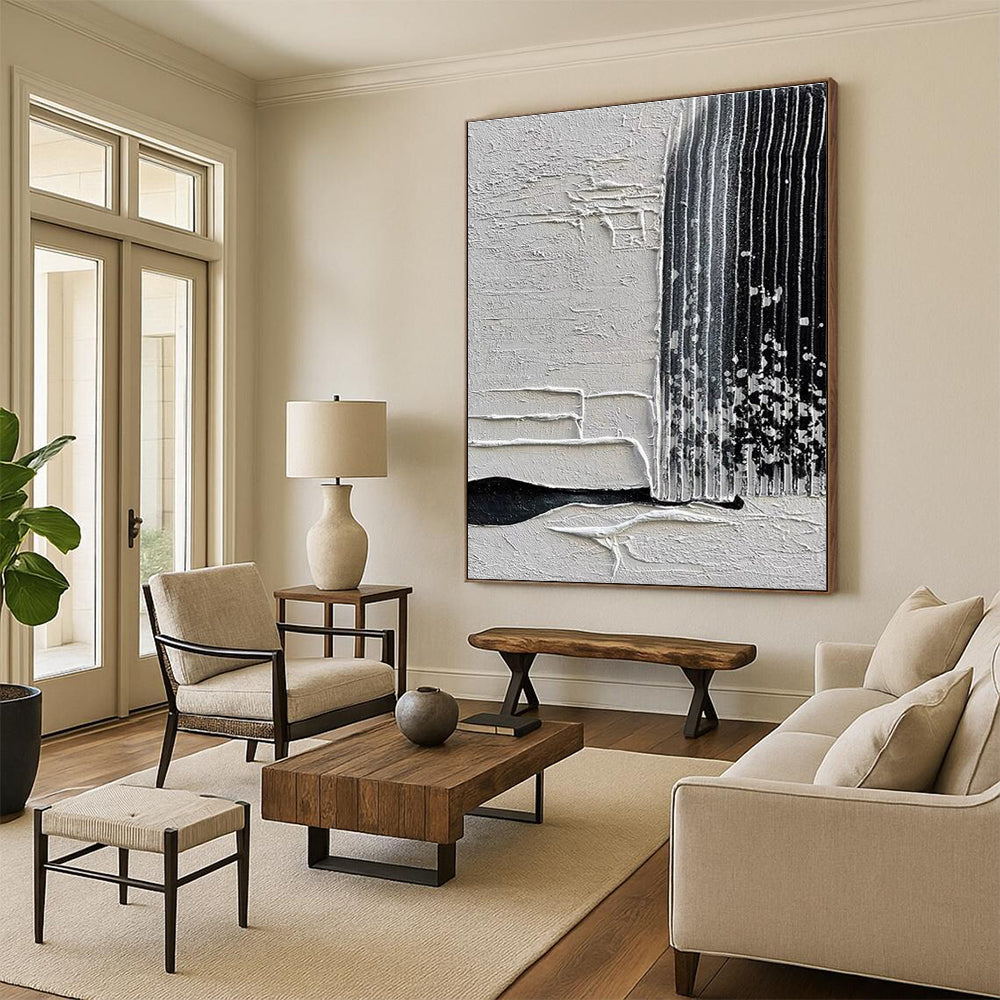 Giant Canvas Art Black & White Textured Abstract Linear Art HS379
