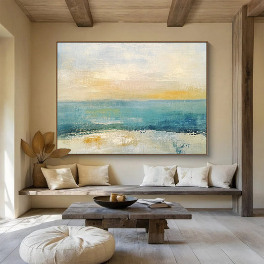 Oversized Canvas Art Blue, Yellow, and White Abstract Coastal Scene - Acrylic Painting WB273