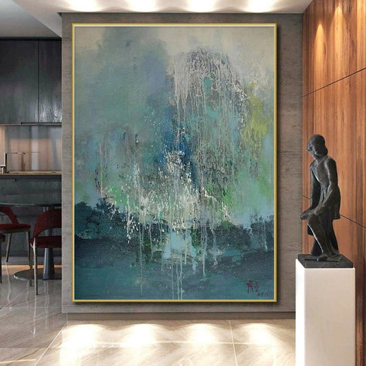 Hand-Painted Acrylic Modern Art Paintings with Teal, Blue, Green, White Dripping Textures - Large Painting In Living Room HS537