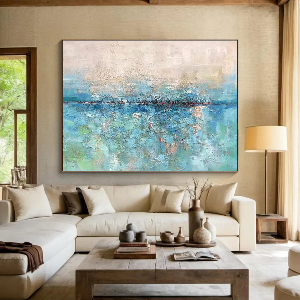 Oversized Canvas Art Blue and Green Abstract Textured Landscape Painting WB092