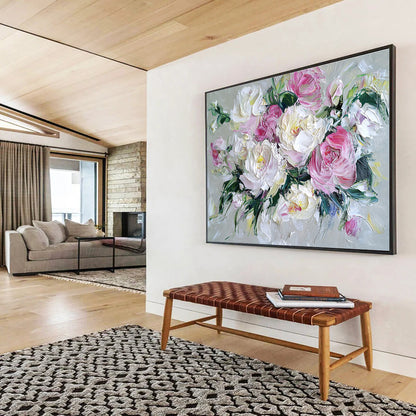 Hand Painted Art with Pink, White and Green Colors, Peony Bouquet Theme Abstract Painting WB321