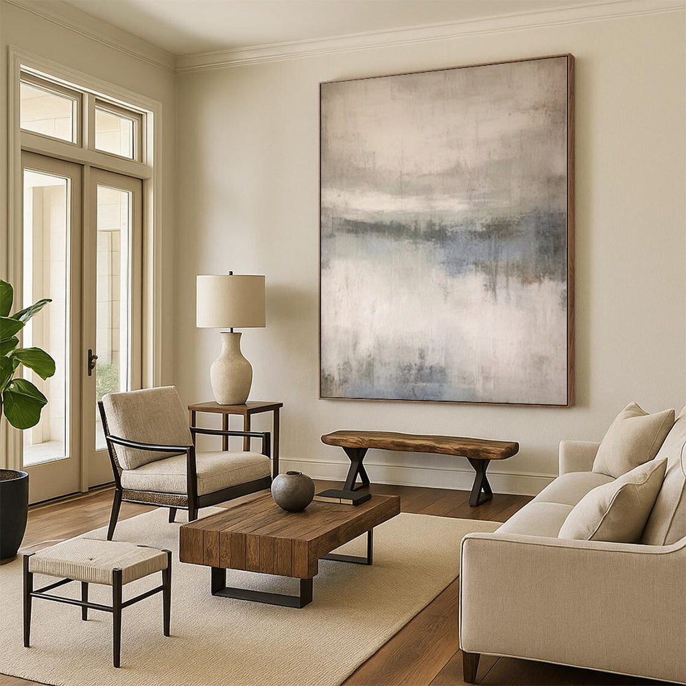 Large Painting In Living Room Gray and Blue Abstract Misty Landscape Painting For Sale HS107