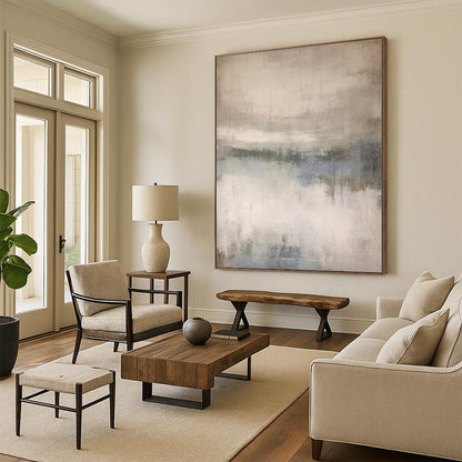 Large Painting In Living Room Gray and Blue Abstract Misty Landscape Painting For Sale HS107