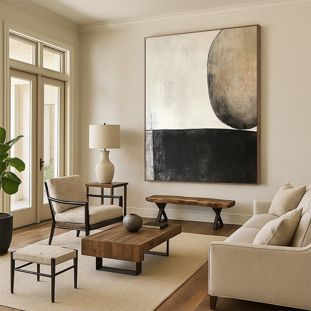 Unique Abstract Art Black, White, and Beige Abstract Organic Shape Painting For Sale HS155