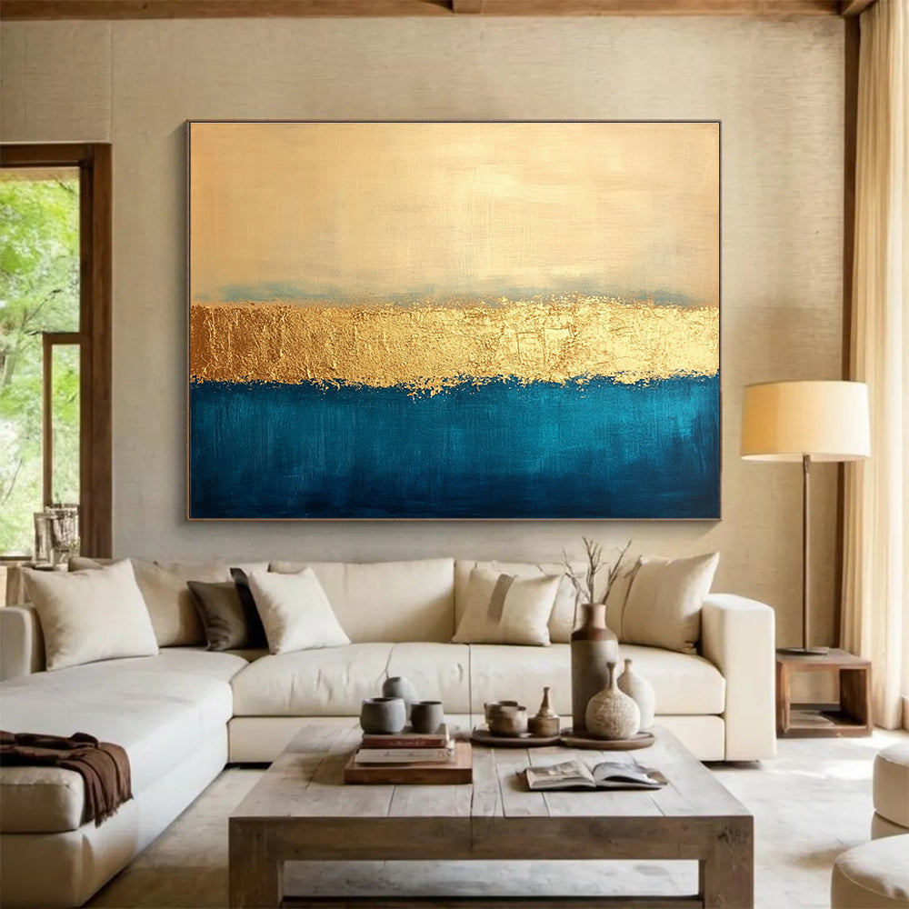 Horizontal Blue, Gold, and Beige Textured Abstract Art WB270