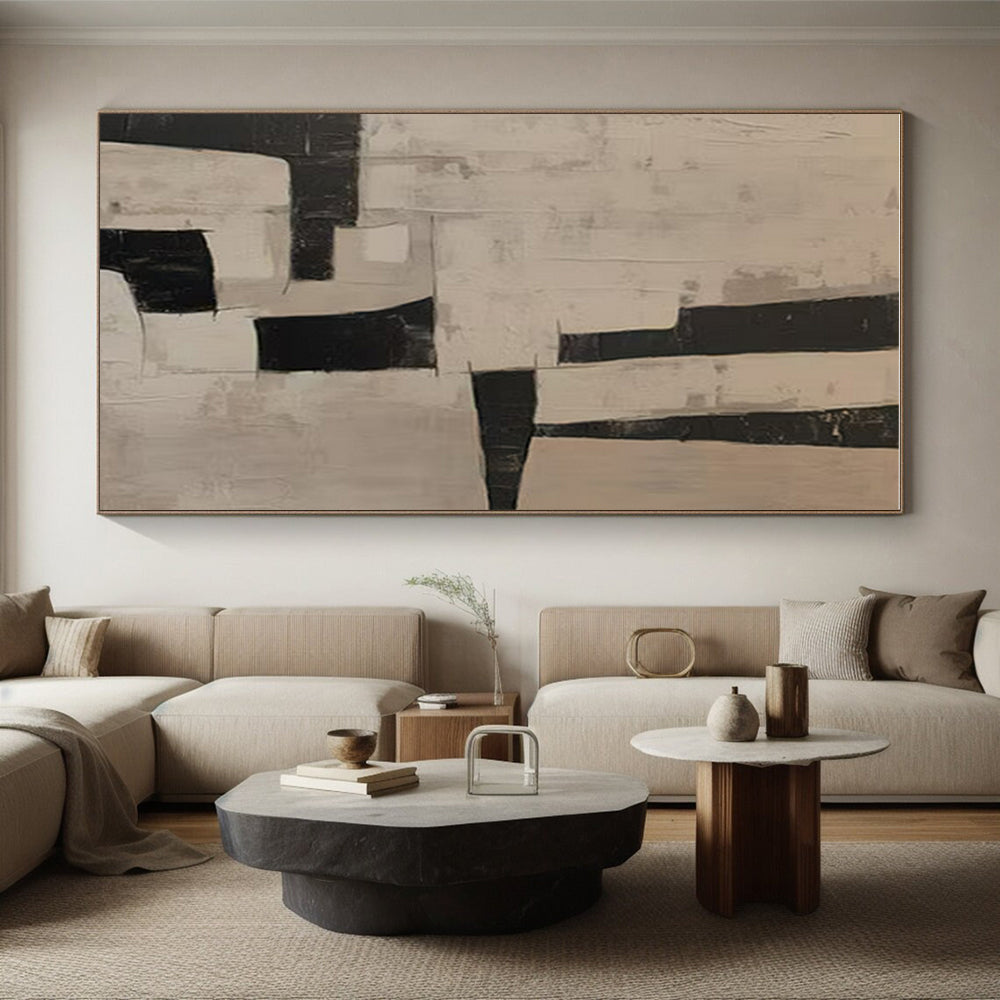 Modern Art Acrylic Black and Beige Geometric Abstract Art HS634