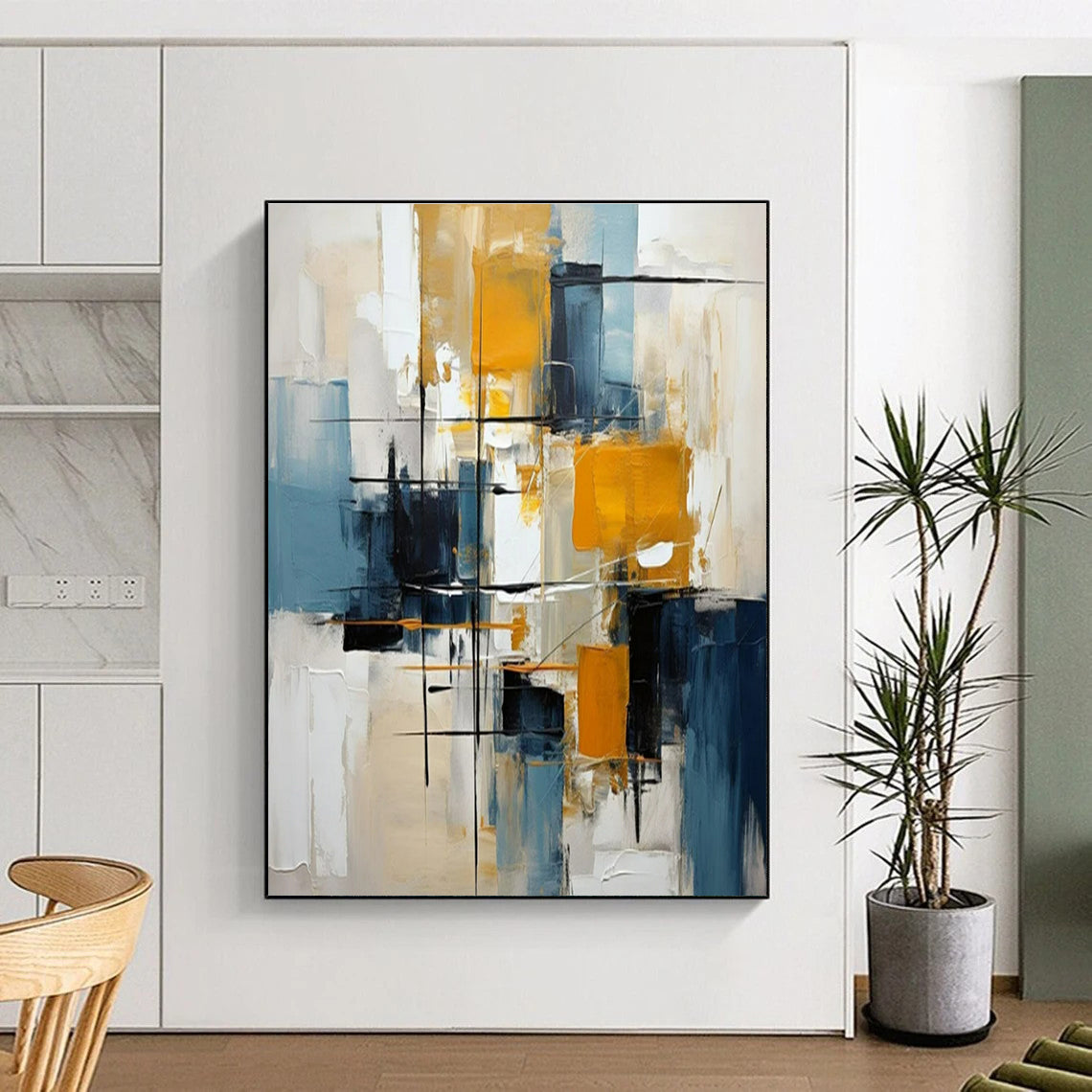 Acrylic Modern Art Paintings Blue, Yellow, and Black Geometric Abstract Painting On Canvas HS782