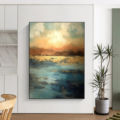 Blue, Gold, and Orange Abstract Seaside Sunset Painting For Sale Online WS491
