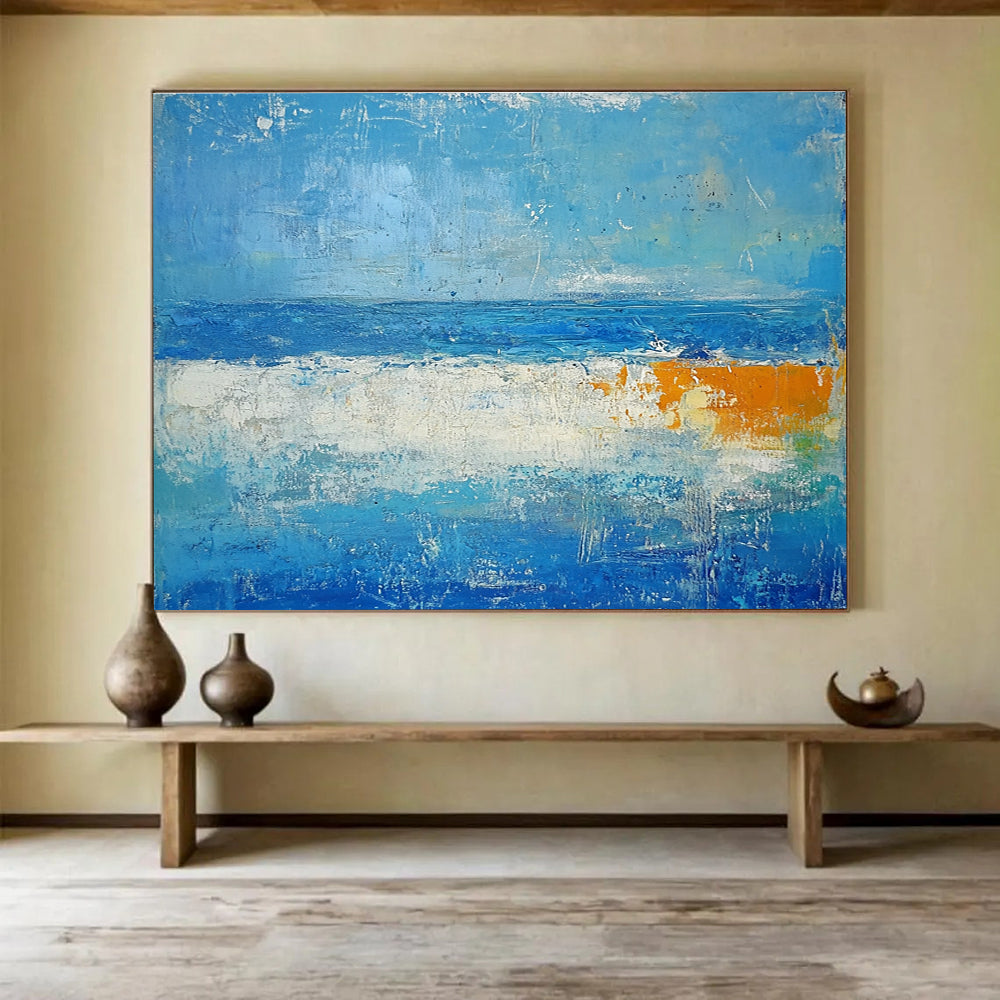 Big Size Blue, White, and Orange Abstract Seascape - Acrylic Painting WB286