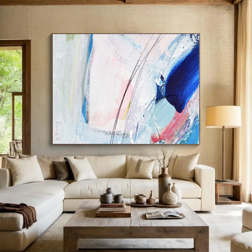 Hand Painted Art Blue, Pink & White Gestural Abstract, Large Painting In Living Room HS236