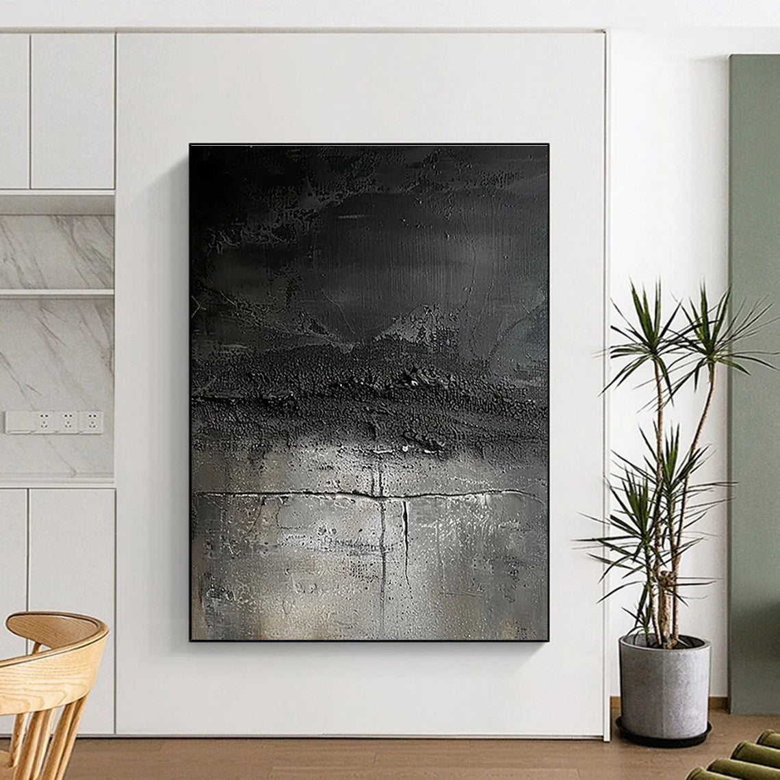Hand Painted Art Black and Gray Textured Abstract Art HS597