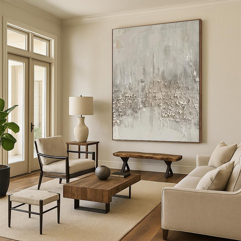 Hand-Painted Beige & Gray Textured Abstract Cityscape Art HS371