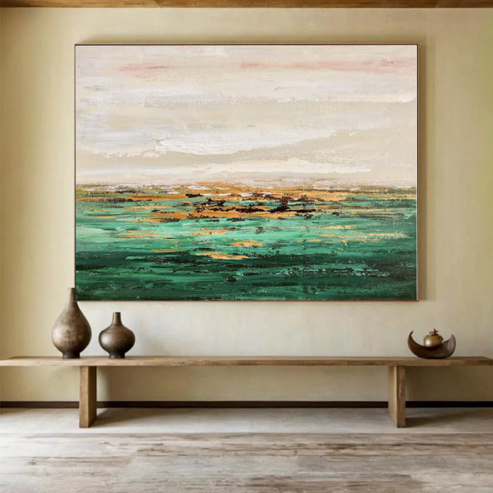 Oversized Canvas Art Green and Gold Abstract Landscape Painting WB126