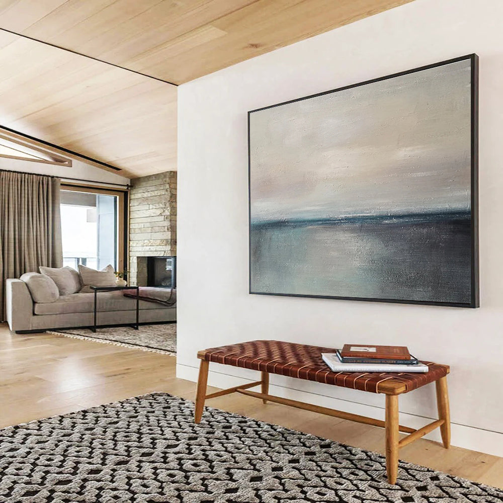 Horizontal Beige, Gray, and Blue Abstract Calm Sea Horizon, Abstract Oil Painting WB184