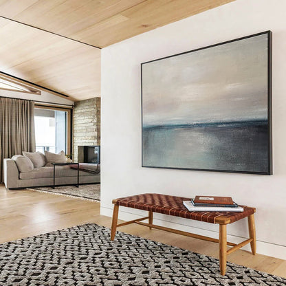 Horizontal Beige, Gray, and Blue Abstract Calm Sea Horizon, Abstract Oil Painting WB184