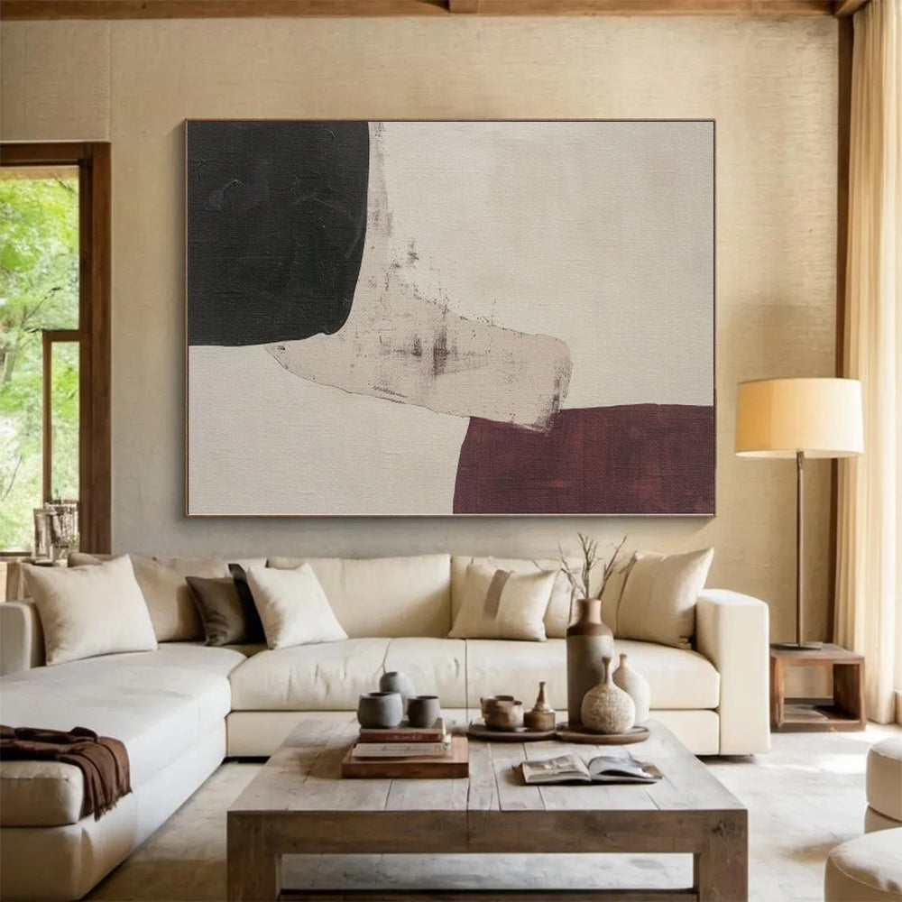 Hand-Painted Black, Beige, and Maroon Abstract Shape Painting For Sale HS025