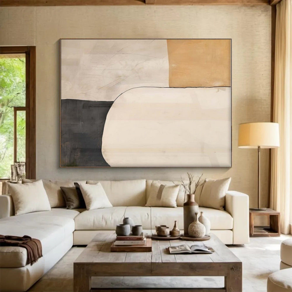 Hand Painted Art Beige, Black, and White Organic Abstract Art HS668